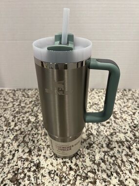 Stanley Stainless Tumbler with Sage Green Handle and Lid Accent